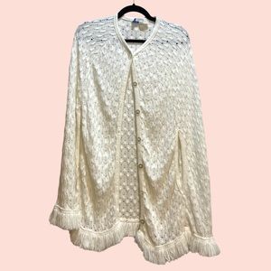 Vintage Cream Crochet Cape Poncho Button Up